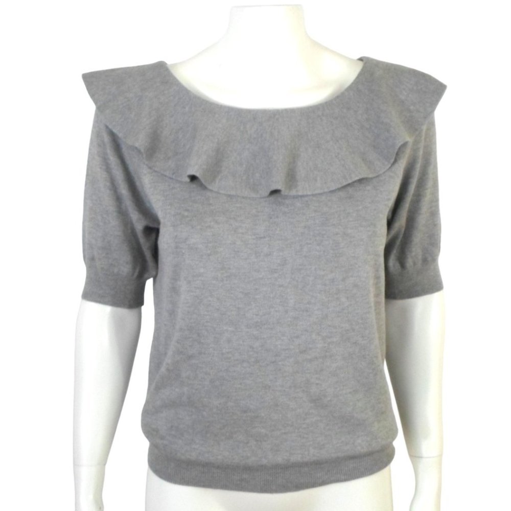 Catherine Malandrino Gray Ruffle Yoke Short Sleeve Knit Sweater